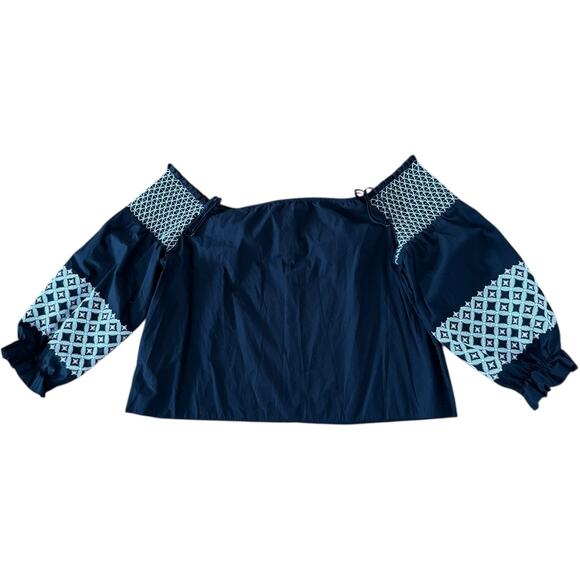 Rebecca Minkoff Off the Shoulder navy Embroidered smocked Peasant Top Boho XL - Picture 7 of 16